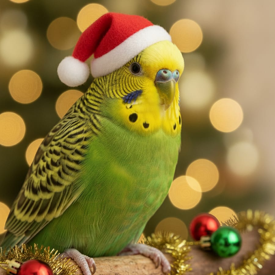 Parakeet wearing a Santa hat — AI render